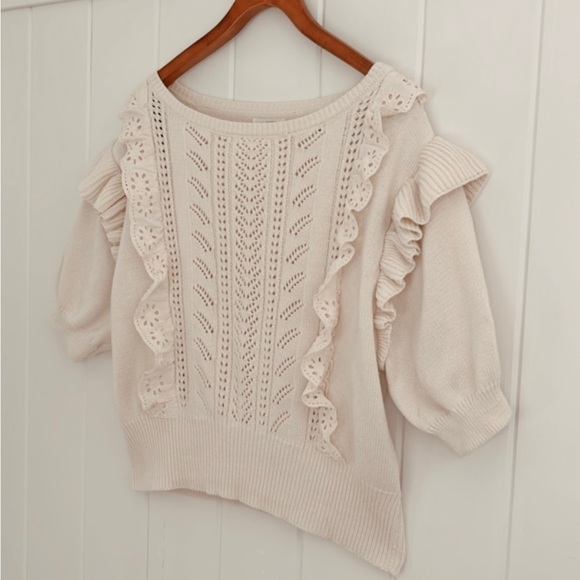 Lauren Conrad Eyelet Lace Knit Ruffles Crochet Short Sleeve Sweater Neutral XXL - Picture 10 of 13